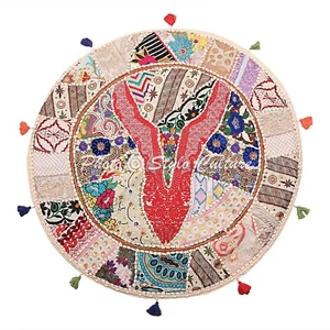 Round White Floor Cushion Vintage Patchwork Floor Pillow Gypsy 80 cm Decorative - Picture 1 of 6