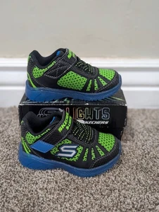 Size 6T Skechers S Lights Illumi Brights Tuff Track Black/Blue/Green Shoes - Picture 1 of 10