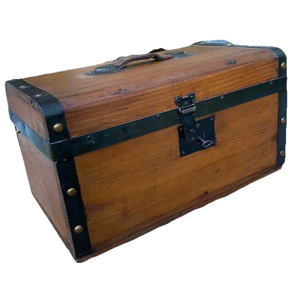 Handmade antique Wood Chest w/ Leather Hinges Lock Key Rustic Treasure Chest 18” - Image 1 of 4