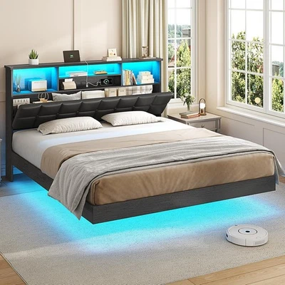 Cama plataforma tapizada flotante tamaño queen con cabecero y almacenamiento negra Foto 1 de 4