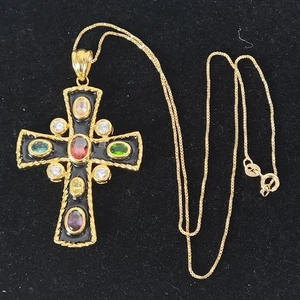 Ross-Simons Gemstone Vermeil Sterling Silver Cross Pendant Necklace Black Enamel - Picture 1 of 14