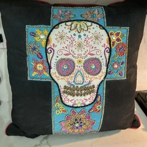 Halloween Bead & Sequin Sugar Skull Day of the Dead 16" Sq Throw Pillow NWOT - Picture 1 of 12