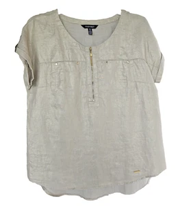Ellen Tracy Linen Sandstone w/Gold Foil Short Sleeve Top Sz L - Picture 1 of 14