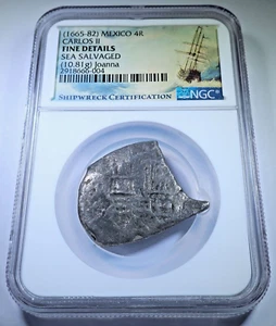NGC Joanna Shipwreck 1600's Mexico Silver 4 Reales Genuine Spanish 4R Cob Coin - Picture 1 of 2