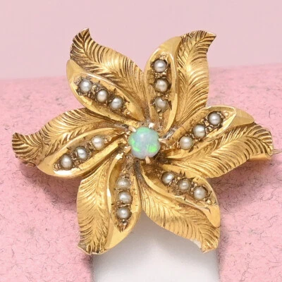 Antique Victorian Edwardian 10k Yellow Gold TINY StarFlower Fire Opal Brooch Pin - Image 1 of 4