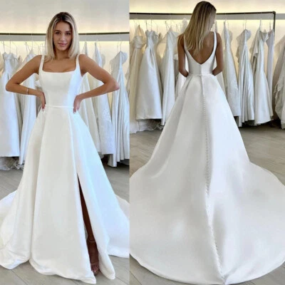 Simple Satin Wedding Dresses with Side Split Square Neck White Ivory Bridal Gown - Image 1 of 4