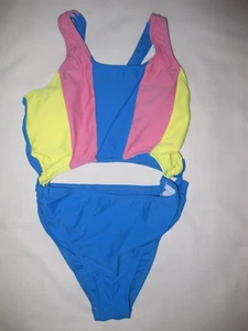 Shein girls 12yrs 1pc swimsuit colorblock cutout blue/pink/yellow nip tween 80s - Picture 1 of 2