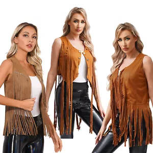 Women's 70s Fringe Vest Hippie Open Front Sleeveless Jackets Gothic Waistcoat - Picture 1 of 153