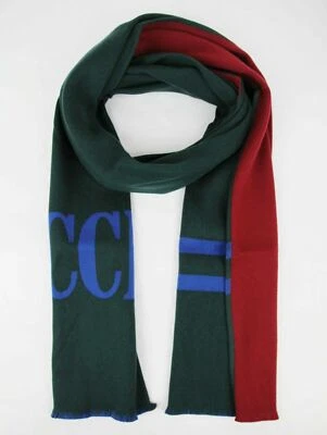 Gucci Bufanda Larga Verde/Borgoña Lana/Seda con Logo Azul 525559 70" X 14" Foto 1 de 4