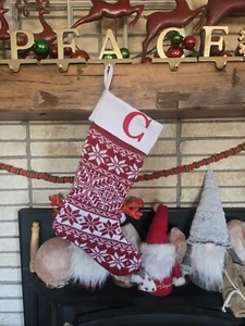 Inter-American Products Monogram C Knit Snowflake Christmas Stocking Red White - Picture 1 of 6