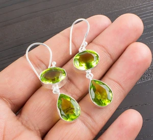 Dainty Peridot Gemstone Hook Earrings 925 Sterling Silver Handmade Jewelry Gifts - Picture 1 of 5