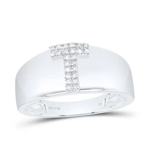 .925 Sterling Silver Diamond Women's Block Letter T Initial Band Ring 1/20 CT - Picture 1 of 1