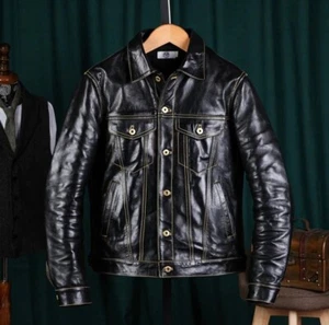 Men’s Black Cowhide Shiny Leather Luxury Vintage Casual Motorcycle Biker - Picture 1 of 4