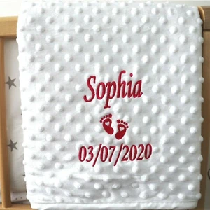 Personalised Baby Blanket Luxury White Bubble Style Pink Script Name Date Feet - Picture 1 of 3