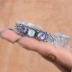 Faceted Amethyst & Moonstone Gemstone Bangle 925 Sterling Silver Designer Cuff - Picture 1 of 7