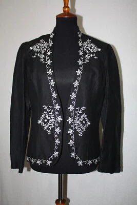 Jaqueta Coldwater Creek preta aberta tamanho 10 leve mistura de linho bordada - Imagem 1 de 4