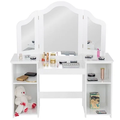 Vanity Table Set Makeup Dressing Kids Girls Study Table Tri Folding Mirror - Image 1 of 4