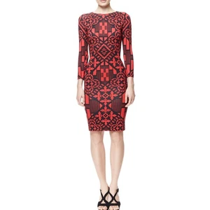 Abito Alexander McQueen IT38 UK6 US2 rosso nero manica lunga bodycon geometrico - Foto 1 di 14