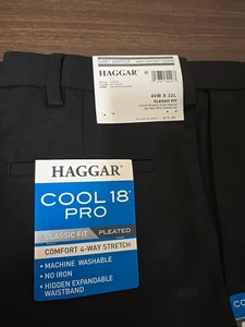 NWT HAGGAR Cool 18 Pro Black No Iron Classic Fit Pleated Pants  42 X  32 Long - Picture 1 of 3