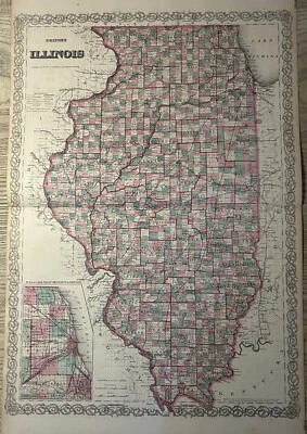 Mapa antiguo coloreado a mano original de Colton's Illinois 1870 28" x 17" Foto 1 de 3