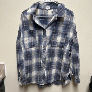 BKE womens boyfriend plaid button down shirt size large puffy sleeve blue gray - Picture 1 of 6