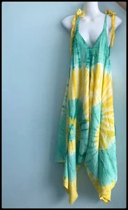 Ladies Tie Dye Summer Festival Strappy Baggy Boho Rainbow Harem Romper Jumpsuit - Picture 1 of 3