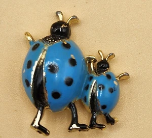 Vtg Adult/Parent & Child Blue Lady Bug Pin Brooch, Gold-tone, EUC - Picture 1 of 12