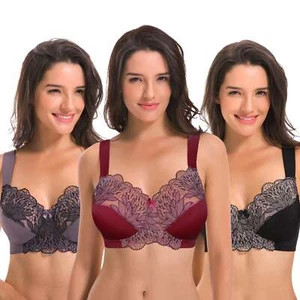 Plus Size Unlined Minimizer Wire Free Bra with Embroidery Lace-3Pack - Picture 1 of 7