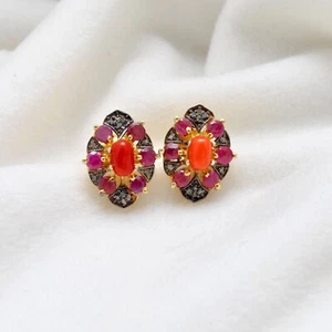 Handmade Coral & Ruby stone Pave Diamond Stud Earring in 18k Gold Plated Jewelry - Picture 1 of 5