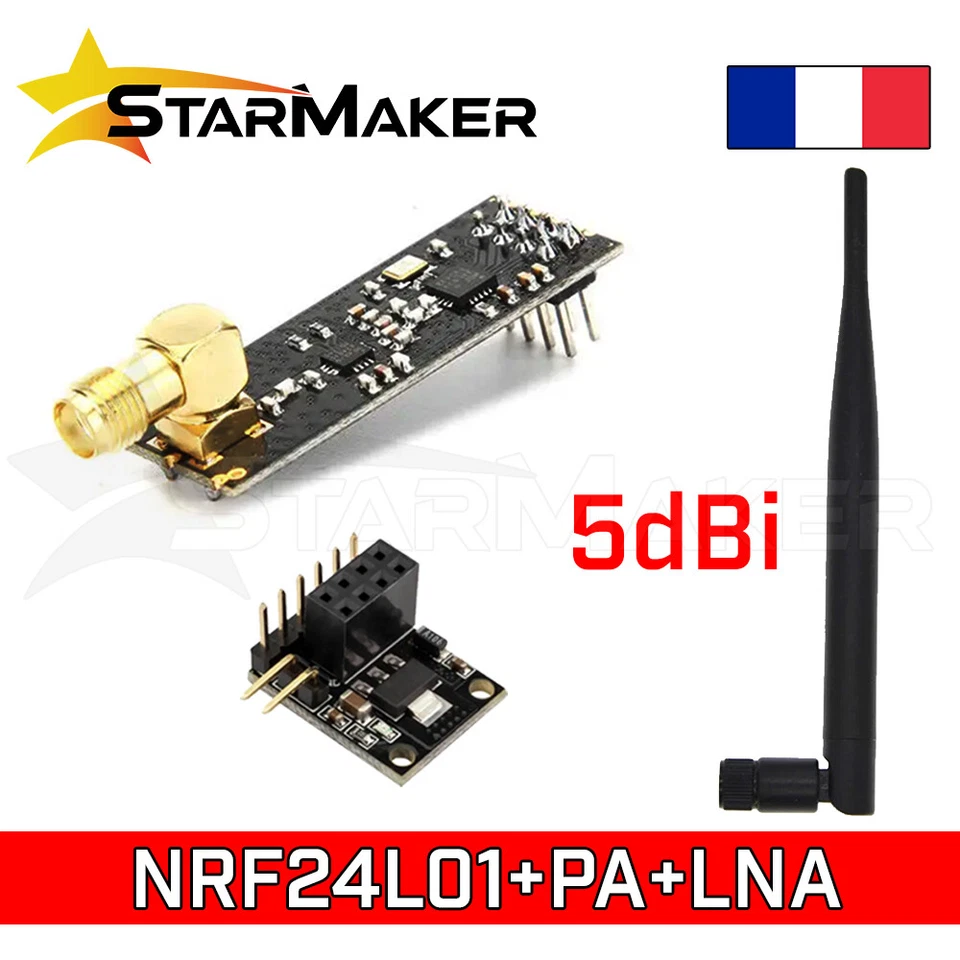 Module NRF24L01+PA+LNA émetteur récepteur RF 1100m 2.4GHz et Antenne 5dBi