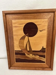 MCM RARE Vintage Wood Marquetry Inlay Picture Sailboat & Lighthouse USA - Picture 1 of 8