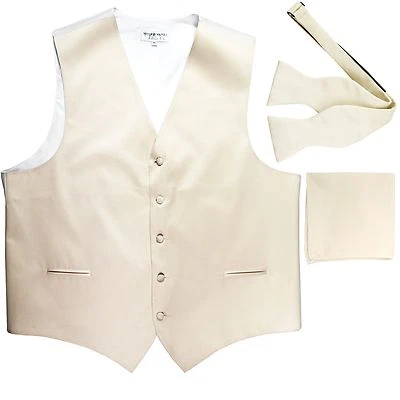 New Men's Solid Tuxedo Vest Waistcoat & Free Style Self-tie Bowtie Set Ivory  - Image 1 of 4