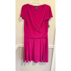 LAUREN RALPH LAUREN Abito Midi 16W Elasticizzato Rayon Jersey Suplice Manica Lunga Rosa - Foto 1 di 8