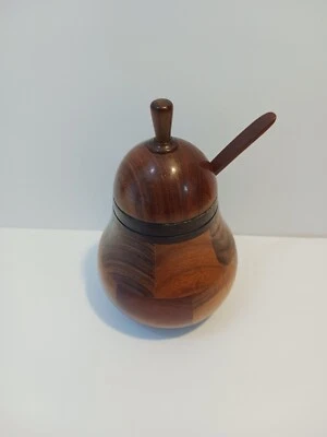 Vintage Pear Shape Carved Wood Tea Caddy With Spoon 7" - Image 1 of 4