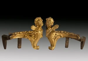 PAIR OF CHIMNEY ANDIRONS, GILT BRONZE. FRANCE, 19TH CENTURY / PAREJA DE MORILLOS - Picture 1 of 4