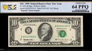 1995 $10 FRN B53535353C 2 DIGIT REPEATER P.C.G.S #64PPQ - Picture 1 of 3