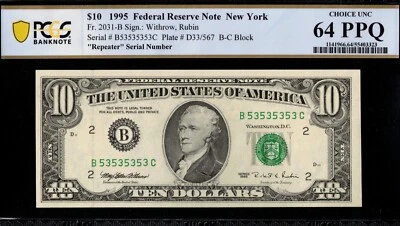 1995 $10 FRN B53535353C 2 DIGIT REPEATER P.C.G.S #64PPQ - Image 1 of 3
