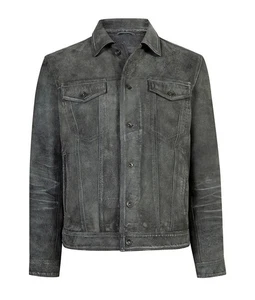 Men’s Distressed Grey Leather Jacket  Sheepskin Vintage Style Coat with  Button - Picture 1 of 5