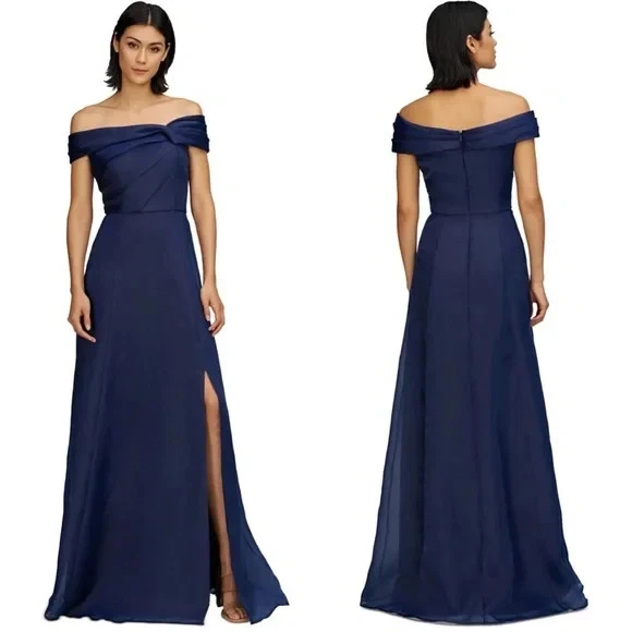 JS Collections Navy Blue Isadora Off the Shoulder Organza Gown Size 2 $298 - Image 1 of 2