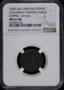 1820-30 Great Britain "Columbia" Farthing Copper Token NGC MS 61 BN - Picture 1 of 4