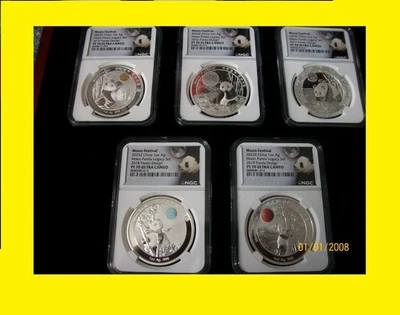 2015-2024 Silver Panda Moon Festival 5x2 OZ Legacy Set NGC PF 70 UC caja certificado de autenticidad Foto 1 de 2
