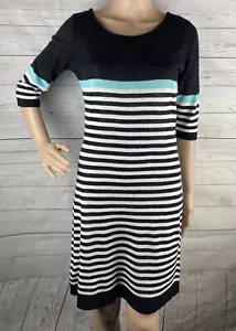 Charming Charlie Maglione Vestito Piccolo Nero Teal Bianco Righe Maglia Sottile - Foto 1 di 12