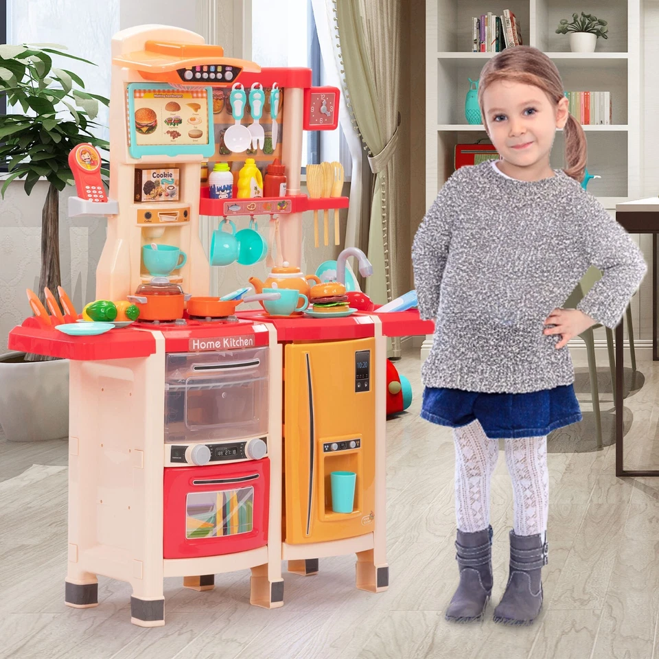 Kids Kitchen Play Set Toy Cookware 65pcs Accessories With Lights&sounds Sticker