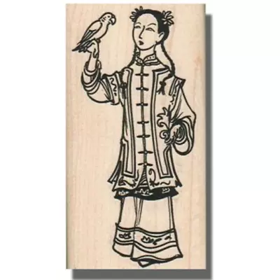 Mounted Rubber Stamp, LADY WITH BIRD, Asian, Woman, Kimono, Animal Stamp, Person - Image 1 of 2