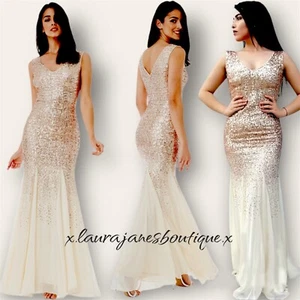 QUIZ size 12 SEQUIN EVENING PARTY OCCASION MAXI DRESS CHAMPAGNE + GOLD - Picture 1 of 5