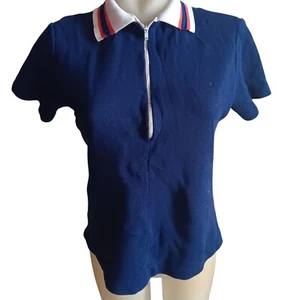 Women's Medium Vintage 70's 1/4 Zip Polo Top Shirt Sears Nylon Ringer Blue - Picture 1 of 12