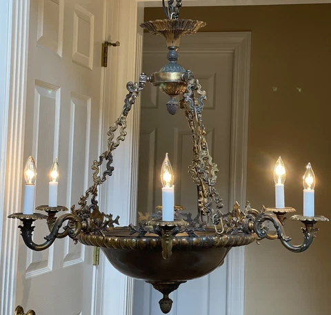 Stately Old World Tuscan French Empire Bronze Tole Chandelier Vintage 30” Cover