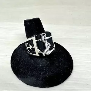 Mens Mariner 925 Sterling Silver Natural Black Onyx Anchor Nautical Ring Size 9 - Picture 1 of 10