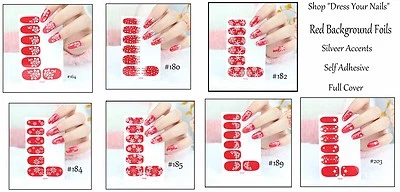 DRESS YOUR NAILS FOIL WRAPS Nail Wraps Full Cover Patches DIY Stickers Red BG flowers, stars, Snowflakes
