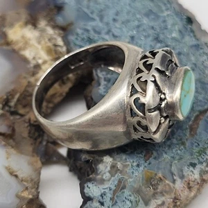 Vintage Turquoise Ring Size 7 High Dome Sterling Silver 925 Filigree Open Back - Picture 1 of 8